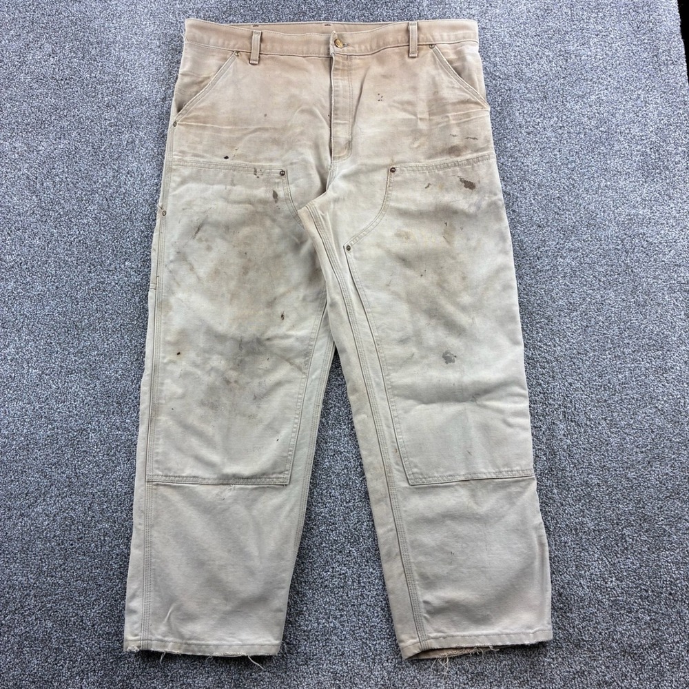 Vintage Carhartt Double Knee Pants Mens 38x28 Tan Cotton Canvas Distressed B01